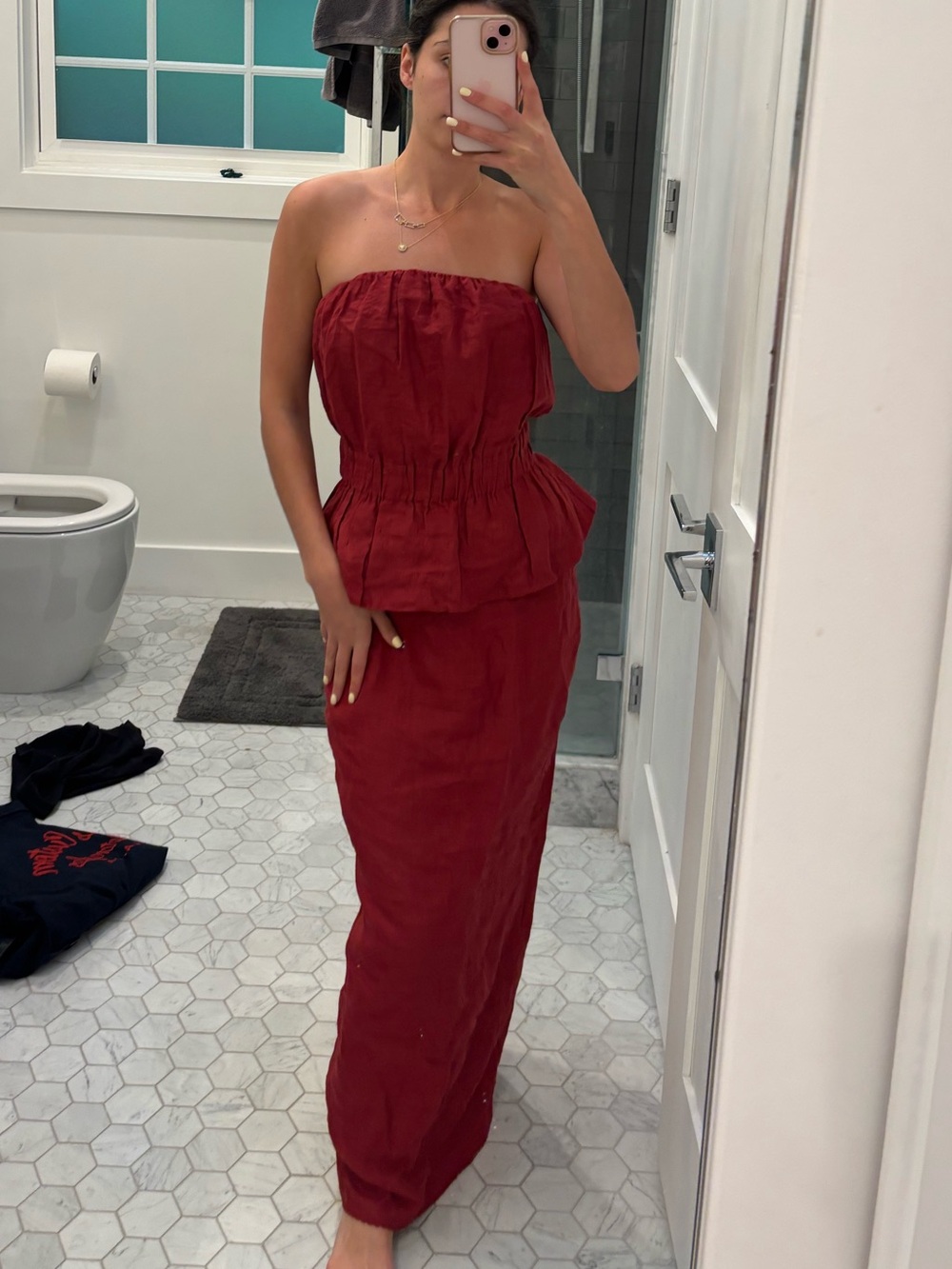 Aurelia Strapless Deep Red Peplum Maxi Set